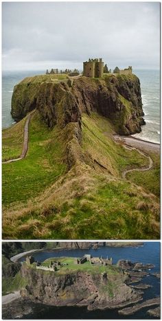 two pictures of the same castle on an island