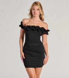 Look chic in this ruffled off-the-shoulder mini dress for date night! This dress was mad to impress with a ruched waist and a bodycon fit that hugs your curves. Pair with a clutch and heels.Fit & FeaturesCrepe knit fabric with moderate stretchRuffled off-the-shoulder neckline, short sleevesRuched waistMini-length bodycon fitRuns true to size Off The Shoulder Hoco Dress, Black Hoco Dress Short, Off The Shoulder Short Dress, Orange Homecoming Dresses, Purple Homecoming Dress, Backless Dress Short, Green Homecoming Dresses, Tight Fitted Dresses, White Homecoming Dresses