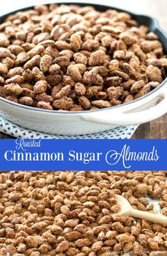 a pan filled with cinnamon sugar almonds