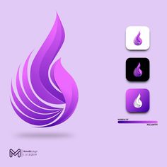 an abstract logo with purple and white shapes on the bottom, which is shaped like a flame