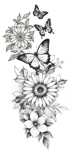 some flowers and butterflies on a white background