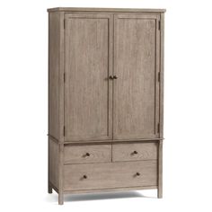 a wooden armoire with two drawers and one door on the bottom, in grey wood