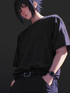 an anime character with black hair wearing a black t - shirt and blue pants, standing in front of a dark background