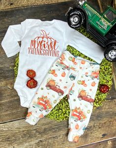 "These soft, stretchy, and so cozy joggers feature a fun truck, pumpkin print that is easy to coordinate with your favorite tops! Handmade in the USA from medium weight knit, ethically sourced and printed in the USA! Due to handmade nature of item, pattern placement may vary. Joggers feature yoga style waistband, no elastic. Carterssimply joys by carters bodysuit features \"My First Thanksgiving\" design in copper/pumpkin color. Care instructions: Hand wash or machine wash cold on gentle cycle w Casual Fall Playtime Bottoms, Casual Fall Bottoms For Playtime, Cute Fall Bottoms For Playtime, Casual Pants For Playtime In Fall, Casual Pants For Fall Playtime, Cute Fall Playtime Bottoms, Cute Cotton Bottoms For Fall, White Cargo Pants For Fall, Cotton Pants For Playtime In Fall