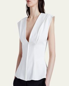 Proenza Schouler "Janet" top in matte viscose crepe with pintuck details    Deep V neckline    Sleeveless    Slim fit    Invisible back zipper    Triacetate/polyester    Lining: Polyester    Dry clean    Imported Elegant Tailored V-neck Top, Elegant Spring Top With Padded Shoulders, Elegant Tops With Padded Shoulders For Spring, Modern Sleeveless Evening Tops, Modern Sleeveless Tops For Evening, Modern Evening Sleeveless Tops, Elegant Fitted Top With Padded Shoulders, Elegant Fitted Tops With Padded Shoulders, Elegant Tailored Sleeveless Tops