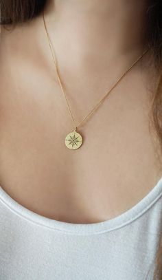 14K 9K Compass Necklace Compass Charm Unique Gift Solid | Etsy Gold Compass Design Charm Necklace, Gold Charm Necklace With Compass Design, Gold Brass Jewelry With Compass Design, Gold Medallion Jewelry With Compass Design, Everyday Gold Jewelry With Compass Design, Necklace Compass, Compass Jewelry, Dainty Necklace Layered, Gold Pinky Ring