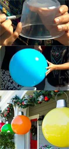 three different pictures of people holding balloons in front of a house