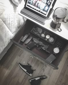 an open drawer with some items on it