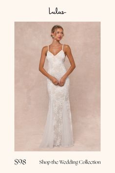 a woman in a white wedding dress with the words, shop the wedding collection