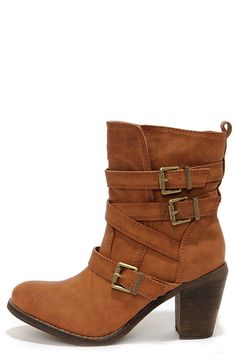 Groundbreakin' Cognac Brown Buckled Mid-Calf Bootsat Lulus.com! Cute Trendy Shoes, Clothes For Teens, Heel Knee High Boots, Buckle Boots, Pinterest Closet, Cool Boots, Calf Boots, Trendy Shoes, Mid Calf Boots