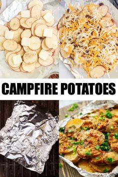 different types of campfire potatoes are shown in this collage with text overlay