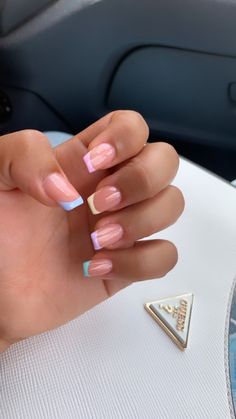 Spring Acrylic Nail Designs Square, March Nail Inspo Square, Biab Nail Design Pink, Simple Spring French Tip Nails, Square Nails Back To School, Multi Coloured Tip Nails, Holiday Acrylics Summer, Nail Inspo Spring Square, Cute French Tips For Summer