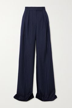 EXCLUSIVE AT NET-A-PORTER. Alex Perry's pants are tailored from twill with neat silver pinstripes for a touch of shimmer. They're designed to sit high on the waist and have a relaxed, wide-leg shape accentuated by front pleats. Complete the look with a tucked-in blouse or sweater. Lululemon Collection, Dark Blue Dress, Alex Perry, Professional Wardrobe, Work Wardrobe, Tailored Pants, Blue Pants, Girly Outfits, Elegant Outfit