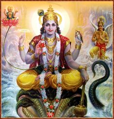 the hindu god sitting on top of a snake with two snakes in his lap and one holding