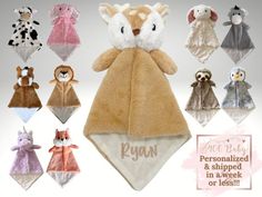 the personalized and stuffed animals are in blankets or ones that have names on them