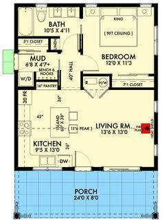 the floor plan for a small house with an attached bathroom and living room, as well as