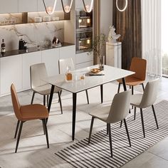 a dining room table and chairs with lights hanging from the ceiling