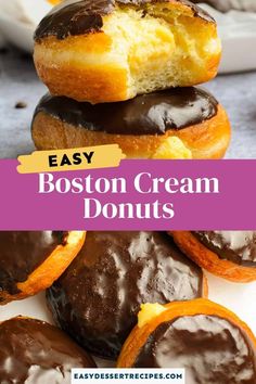 chocolate covered boston cream donuts stacked on top of each other with text overlay