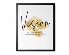 a black and gold framed poster with the word vision on it's left side