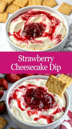 strawberry cheesecake dip in a bowl with crackers