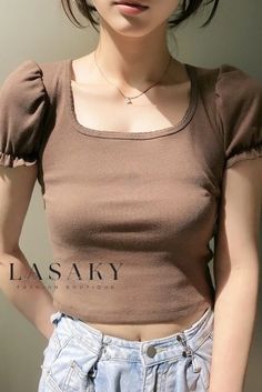 Lasaky - Chic Short-Sleeve T-Shirt Featuring Bubble Sleeves and Elegant Keyhole Neckline Fitted Solid Brown Tops, Trendy Non-stretch Crew Neck T-shirt, Fitted Brown Solid Color Top, Trendy Crew Neck T-shirt, Short Sleeve Crop Top For Fall, Brown Crew Neck Top For Summer, Brown Short Sleeve Crop Top For Spring, Trendy Brown Crew Neck Top, Trendy Non-stretch Short Sleeve Tops