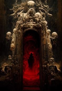 a red door with skulls on it and a man standing in the doorway surrounded by skulls