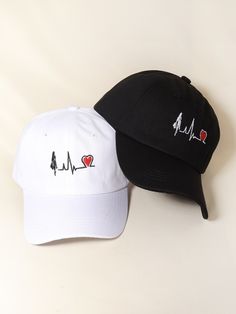 Black and White Casual   Cotton Heart Baseball Cap,Hat Set Embellished  Spring/Fall Women Accessories Husband Goals, Heart Baseball, Luxury Hats, Embroidered Baseball, Embroidered Baseball Caps, Selfie Ideas Instagram, Hat Set, Black Cap, White Casual