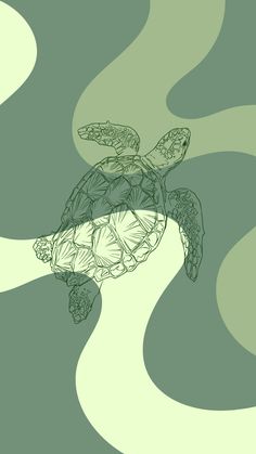 a drawing of a sea turtle swimming in the ocean with waves coming up behind it