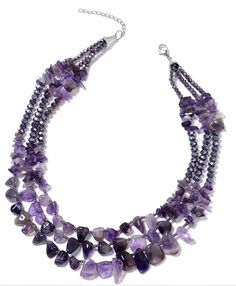 This beautiful 18 inch necklace combines the beauty of 451 Total Carat Weight Amethyst gemstones with deep purple Swarovski crystal beads to make a definite and beautifully unique statement. 🔮 Amethyst, ranging from violet to deep dark purple, is a precious quartz gemstone that many believe to be a very powerful and protective high spiritual vibration.  For many thousands of years it has been said to have absolutely no negative energy.  In fact, it is believed to block negativity and mental str No Negative Energy, British Crown Jewels, Pyramid Necklace, Amethyst Bracelet Beads, February Birthstone Necklace, Chip Necklace, White Topaz Earrings, Amazonite Bracelet, Beaded Cuff Bracelet