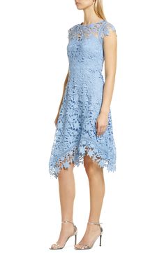 An unlined yoke and an uneven hem highlight the exquisite lace work covering this chic cocktail dress. 37 1/2" to 44" length (size 8) Hidden back-zip closure Jewel neck Cap sleeves Partially lined 100% polyester Dry clean Imported Women's Clothing Spring Cocktail Lace Dress Knee-length, Summer Cocktail Lace Dress With V-neck, A-line Scalloped Lace Cocktail Dress, Elegant Midi-length Lace Dress With Cutwork Hem, Scalloped Lace Cocktail Dress, Midi Length, Chic Cocktail Dress, Eliza J, Jewel Neck, Nordstrom Dresses