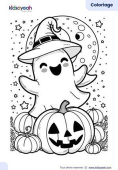 a halloween coloring page with an octopus in a witch's hat and pumpkins