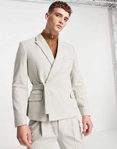 ASOS DESIGN skinny crop suit jacket with belt in gray twill | ASOS Cropped Suit Men, Crop Suit Jacket, Crop Suit, Cropped Suit, Belted Blazer, Belted Jacket, Fitted Suit, Wedding Suit, Cropped Blazer