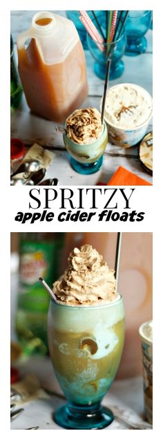 two pictures with the words spritzy apple cider floats