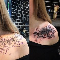 two women with flowers on their shoulder and one has a rose tattoo on her left shoulder