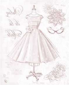 a drawing of a dress on a mannequin with flowers and laces in the background