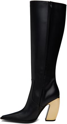 Knee-high polished calfskin boots in black. · Pointed toe · Zip closure at inner side · Grained lambskin lining · Galvanized block heel with rubber injection · Leather sole with rubber injection · Heel: H4 Supplier color: Black/Gold Botega Boots, Black And Pink Bottega Boots, Black Bottega Boots, Green And Black Bottega Boots, Bottega Tire Boots, Bottega Veneta, Knee High, Calf Skin, Block Heels