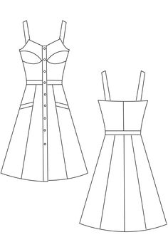 a line drawing of a dress with buttons on the front and back, in black and white