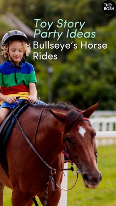 a little boy riding on the back of a brown horse