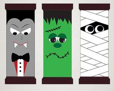 three halloween bookmarks with faces and eyes