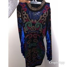 Black Colorful Rhinestoned Tassel Dress Multicolor Festival Dress For Party Season, Multicolor Dress For Festival And Party, Multicolor Dresses For Festival And Party Season, Embellished Multicolor Dress For Party Season, Multicolor Sequin Dresses For Fall, Bohemian Multicolor Mini Dress For Night Out, Long Sleeve Dresses With Tassels For Night Out, Fall Party Dresses With Tassels, Glamorous Multicolor Mini Dress For Fall