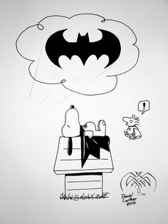 a black and white drawing of a batman sitting on top of a bench next to a cat