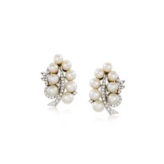 Ross-Simons - C. 1950 Vintage 5-6.5mm Cultured Pearl, .75ct t. w. Diamond Cluster Earrings. C. 1950. Pure Retro-era radiance! Our superb Estate collection earrings showcase luminous 5-6.5mm cultured pearl clusters shimmering with .75 ct. t. w. round brilliant-cut diamonds. Finely crafted in polished 14kt white gold. Post/clutch, diamond and white pearl cluster earrings. Exclusive, one-of-a-kind Estate Jewelry. Pearl birthstones are the perfect gift for June birthdays. Jewelry Presentation, Pearl Cluster Earrings, Pearl Birthstone, Retro Era, Diamond Cluster Earrings, 1950 Vintage, Pearl Cluster, Pearl Types, Cluster Earrings