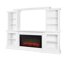 a white entertainment center with an electric fire place and bookcases on either side