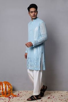 Sky blue kurta with placed honeycomb embroidered patterns embellished by sequins. Comes with a pathani. - Aza Fashions Traditional Blue Kurta With Sequins, Designer Blue Sequin Kurta, Blue Sequined Kurta For Diwali, Pathani For Men, Fashion App, Mandarin Collar, Aza Fashion, Blue Sky, Collar