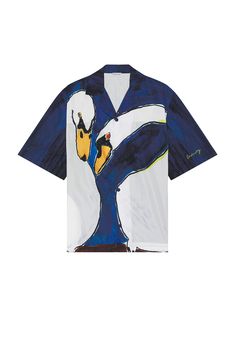 Find BURBERRY Short Sleeve Swan Shirt In Blue on Editorialist. Burberry Short Sleeve Swan Shirt in Blue 100% polyamide. Made in Romania. Dry clean only. Front snap button closure. BURF-MS202. 8083541. About the designer: Founded in 1856, Burberry’s legacy as a pillar of British style grew from Thomas Burberry’s most iconic innovation: the gabardine trench coat. Upholding the pioneering spirit of his predecessor, current creative director Riccardo Tisci brings a fresh and irreverent approach to the house’s quintessentially British vision of luxury. Marrying technology, artistry, and tradition, the label touts a range of casual-wear and eveningwear that embodies a progressive femininity. Exquisite shirting, knitwear, and draped jackets exude refinement, while menswear-inspired polos, tailore Designer Graphic Print Blouse For Summer, Designer Summer Blouse With Graphic Print, Designer Summer Blouse In Relaxed Fit, Designer Blouse With Graphic Print For Summer, Designer Summer Blouse With Relaxed Fit, Blue Spread Collar Shirt With Graphic Print, Blue Graphic Print Shirt With Spread Collar, Blue Shirt With Graphic Print And Spread Collar, Designer Blue Blouse For Spring