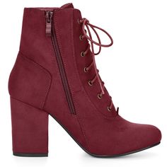 A pair of ankle booties features a lace-up front, a chunky high heel, and a classic rounded toe. A side zipper is added to ease you in and out. Lace Up Booties; Round Toe; Chunky High Heel; Vamp: Faux Suede; Outsole: Rubber; Heel: ABS; Heel Height: 3 3/8 inches; Occasion: Office, Interview, Party, Casual, Halloween days, Christmas Days, Dating, Evening. Elevate your body type and make you naturally look comfortable in your skin and body. Good options for parties, sweet dating, shopping, festival Winter Lace-up Boots With Stacked Heel, Fall High Heel Lace-up Boots With Stacked Heel, Fall High Ankle Heeled Boots With Laces, Lace-up Boots With Reinforced Heel And Medium Width, Lace-up Ankle-high Boots With Stacked Heel, Lace-up Ankle Boots With Stacked Heel, Ankle-high Lace-up Boots With Stacked Heel, Lace-up Booties With Reinforced Heel, Medium Width Lace-up Ankle Boots With Stacked Heel