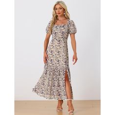 This dress has a smocked design, a square neckline, a ruffle swing, a floral print, a hidden side zipper, a tiered split hem, and a flowy look. It is a great choice for the spring or summer season. The square neck provides a cooling effect, while the smocked design adds a touch of elegance, making you look agile and attractive. You can pair it with flip-flops for a beach-ready look. Summer Smocked Dress With Floral Print And Square Neck, Square Neck Smocked Dress With Floral Print For Beach, Fitted Smocked Dress With Ditsy Floral Print For Vacation, Flowy Smocked Dress With Square Neck, Summer Floral Print Smocked Dress With Square Neck, Floral Print Smocked Dress With Square Neck For Summer, Floral Square Neck Smocked Dress For Garden Party, Square Neck Smocked Dress With Floral Print For Brunch, Flowy Smocked Dress With Square Neck For Vacation