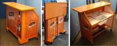 three different views of an orange bar cart