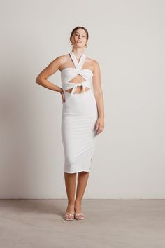 A gorgeous halter neck dress that allows you to shine. The Ivory Halter Bodycon Midi Dress that elevates your style. Shop top halter dresses and bodycon midi dresses from TOBI. Halter Neck Dress, Ankle Heels, Bodycon Midi Dress, Halter Tops, Chic Outfit, Halterneck Dress, Bodycon Midi, Midi Dress Bodycon, Gold Hoops