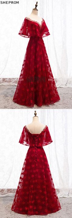 Formal Long Red Lace Burgundy Dress With Cape Burgundy Formal Dress For Christmas, Christmas Formal Burgundy Dress, Burgundy Holiday Dress For Banquet, Holiday Wedding Dress In Burgundy, Short Sleeve Christmas Wedding Dress, Spring Burgundy Dresses For Weddings, Burgundy Dresses For Summer Weddings, Burgundy Lace Evening Dress, Red Lace A-line Dress